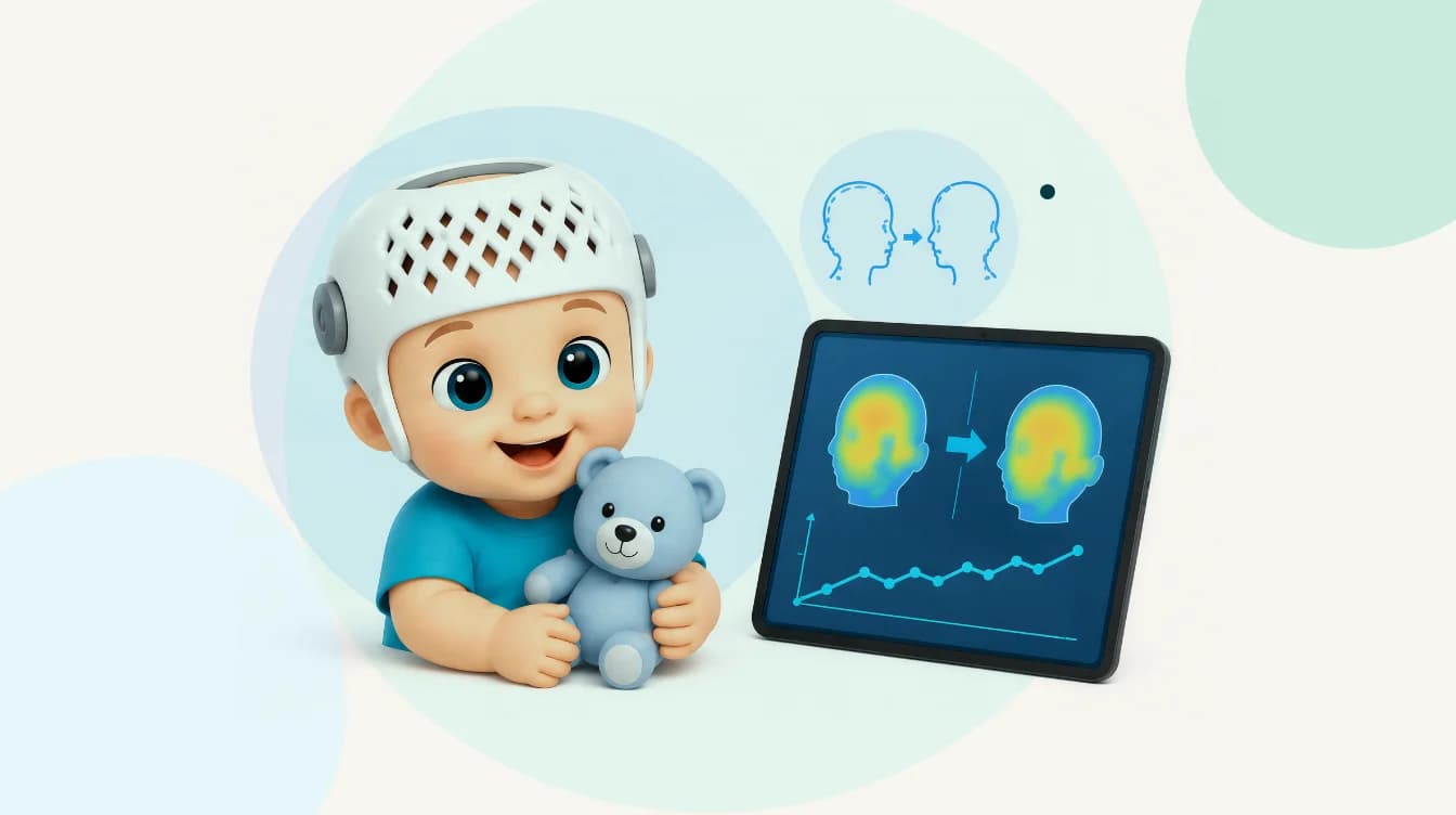 Kask takan Cranioplus maskotu ve takip ölçüm ekranı
