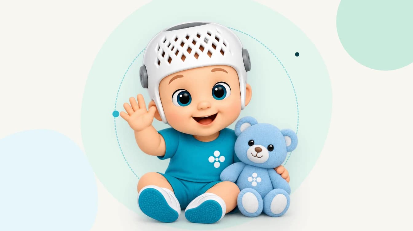 Kranial kask takıp el sallayan Cranioplus maskotu